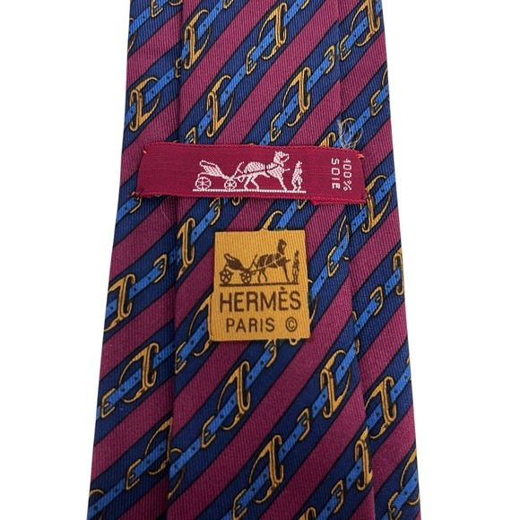 Hermes Men's Tie Equestrian Belts Burgundy/Navy Silk 950 IA 3 1/8